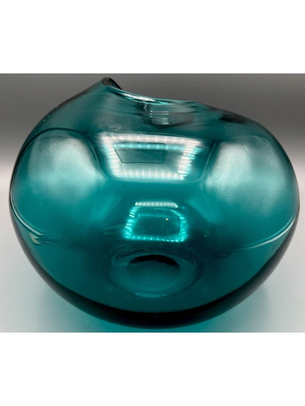 Studio Art Glass Hand Blown Teal Vase Collapsed Pinched Rim Polished Pontil